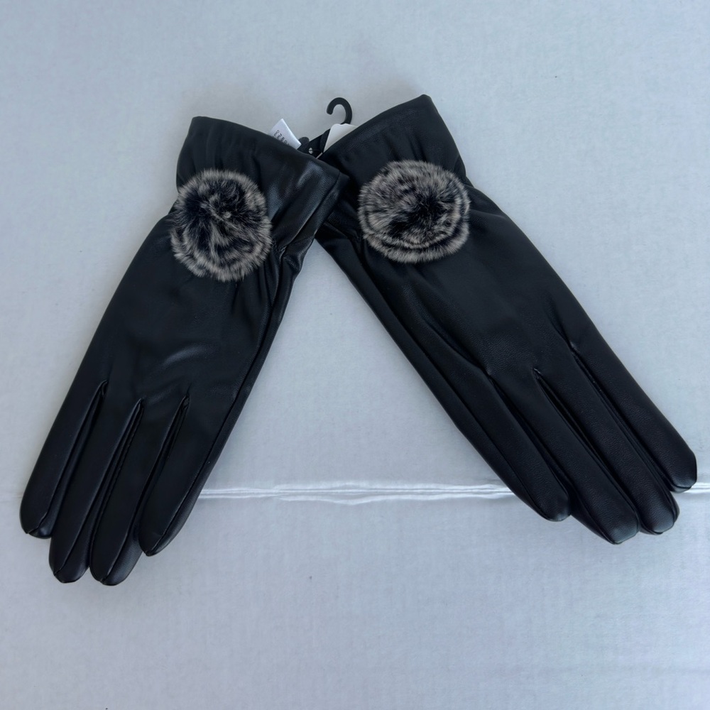 Black Faux Leather Gloves M/L Rabbit Fur Trim Winter Chic